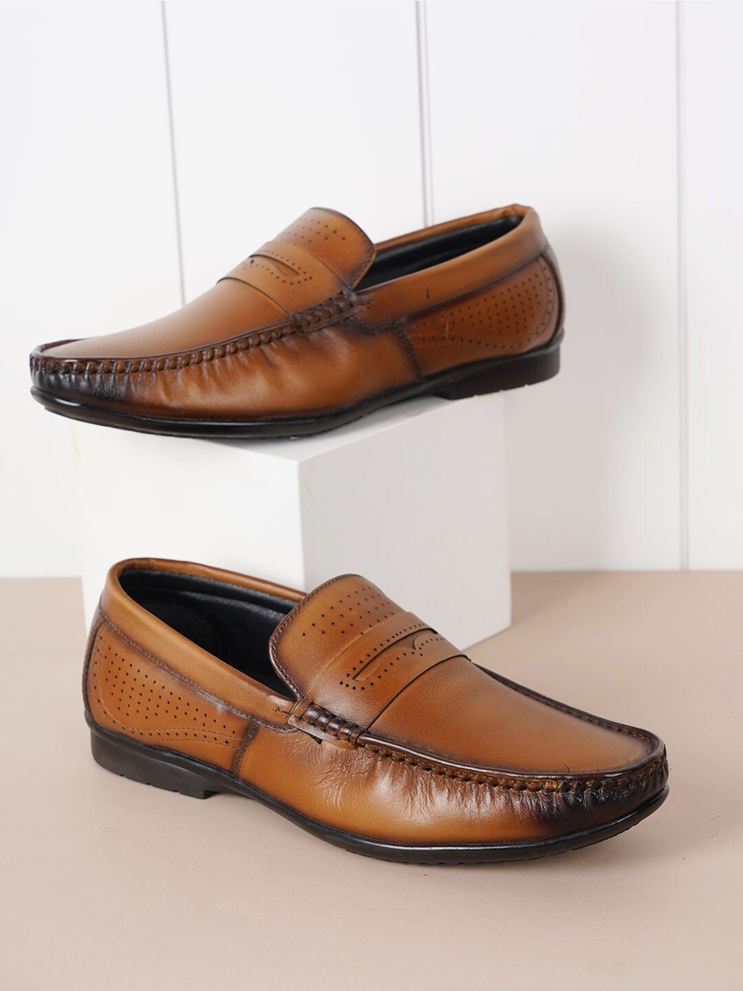 

Style Shoes Men Leather Formal Penny Loafers, Tan