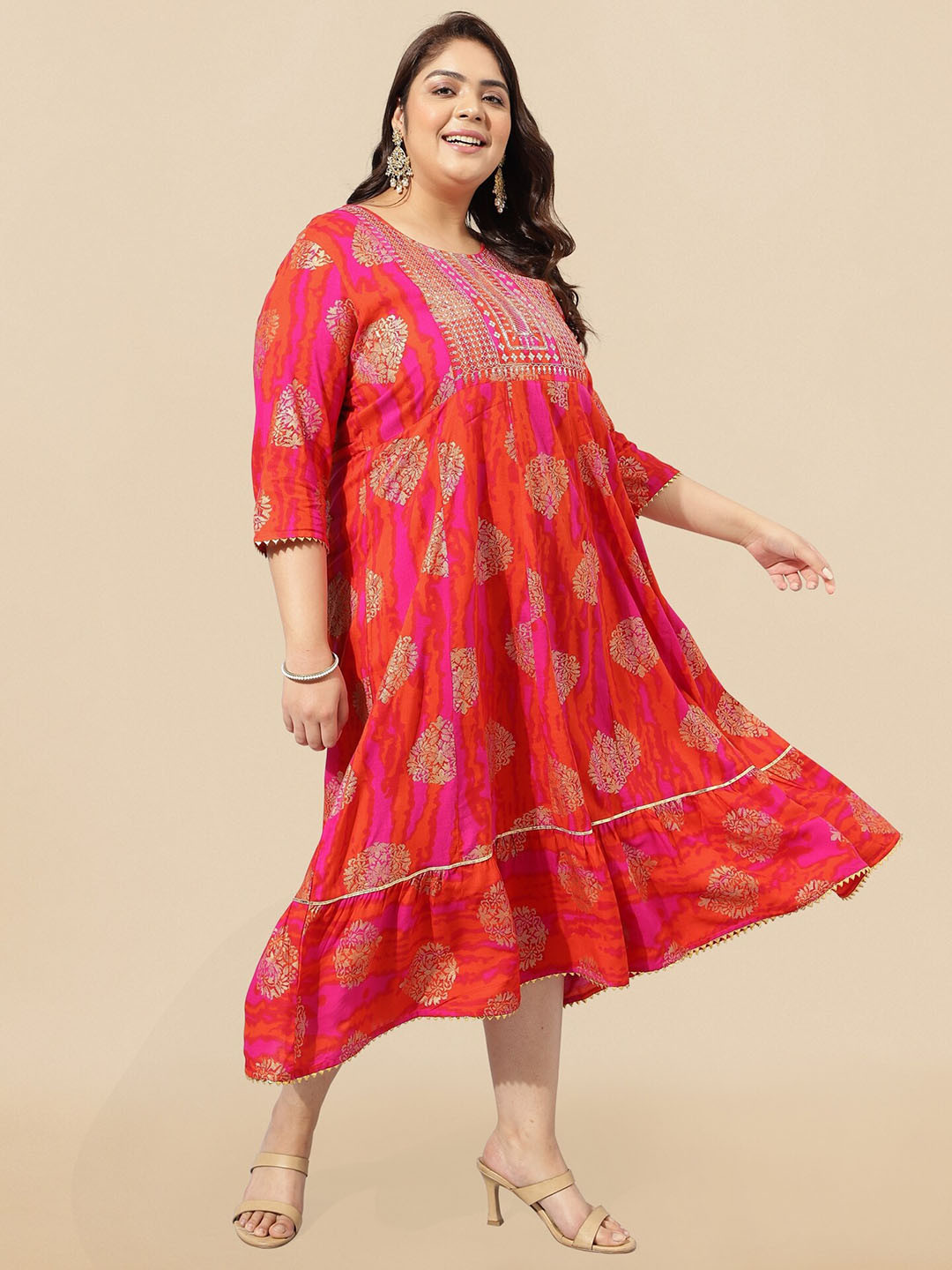 

MIRCHI FASHION Plus Size Pink Ethnic Motifs Printed Embellished Empire Ethnic Dress
