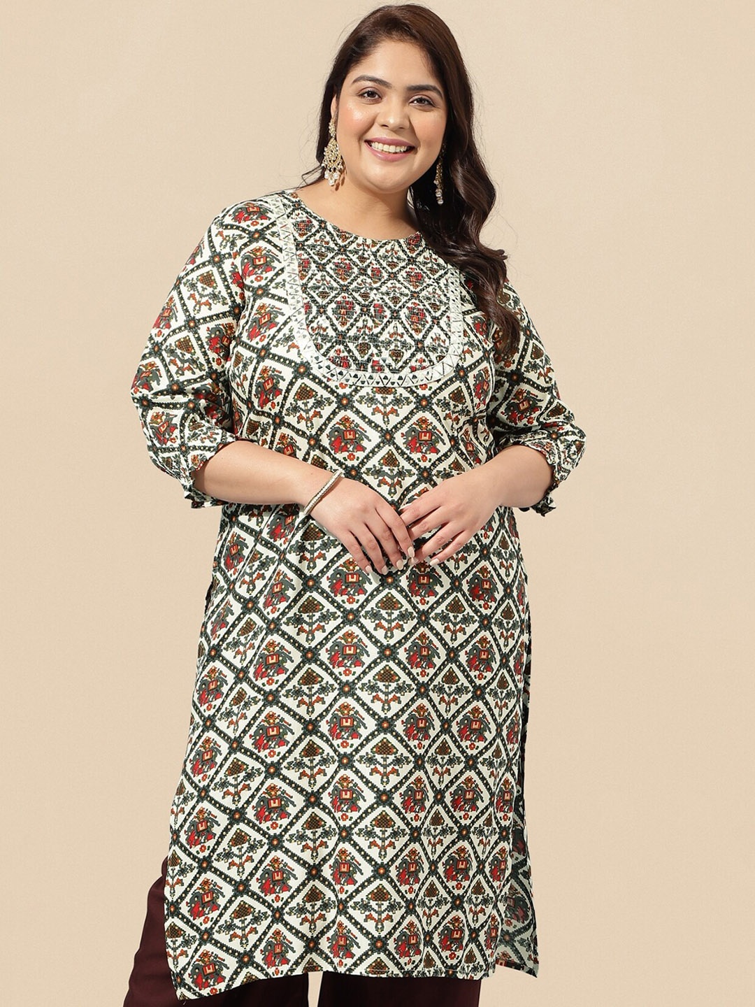 

KALINI Plus Size Cream & Grey Ethnic Motifs Printed Mirror Work Straight Kurta