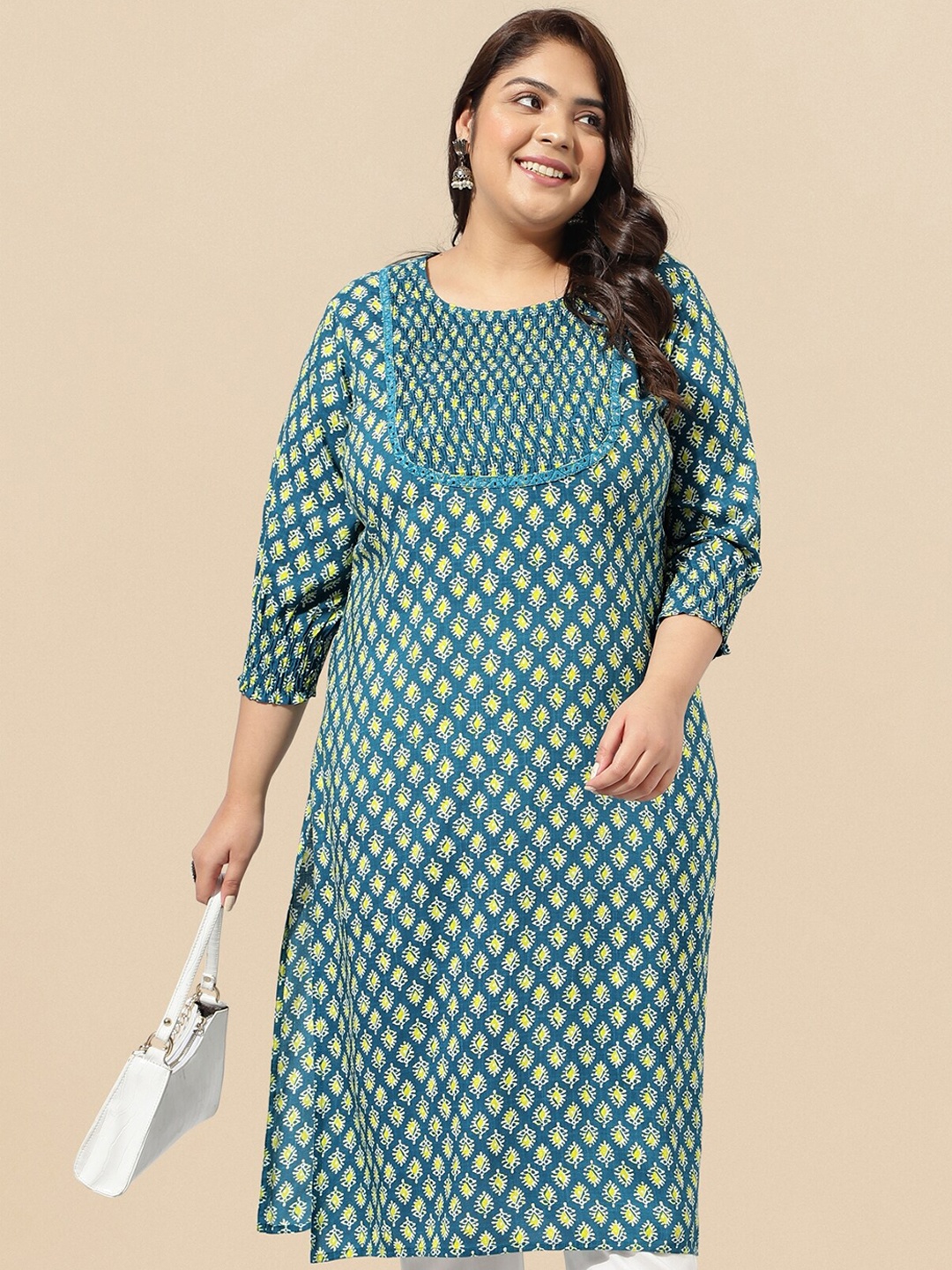 

KALINI Plus Size Turquoise Blue Ethnic Motifs Printed Mirror Work Straight Kurta