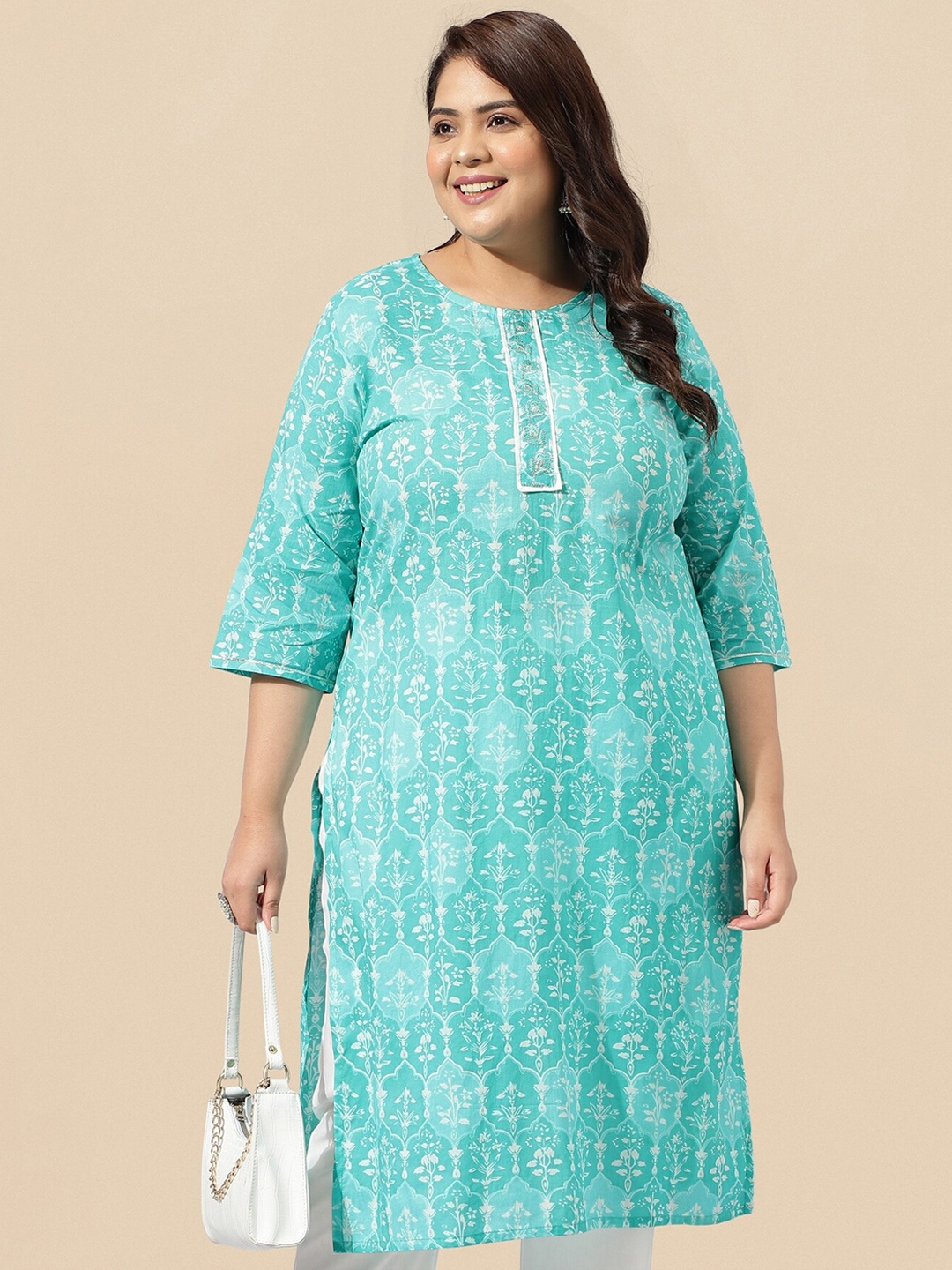 

KALINI Plus Size Turquoise Blue Ethnic Motifs Printed Pure Cotton Straight Kurta