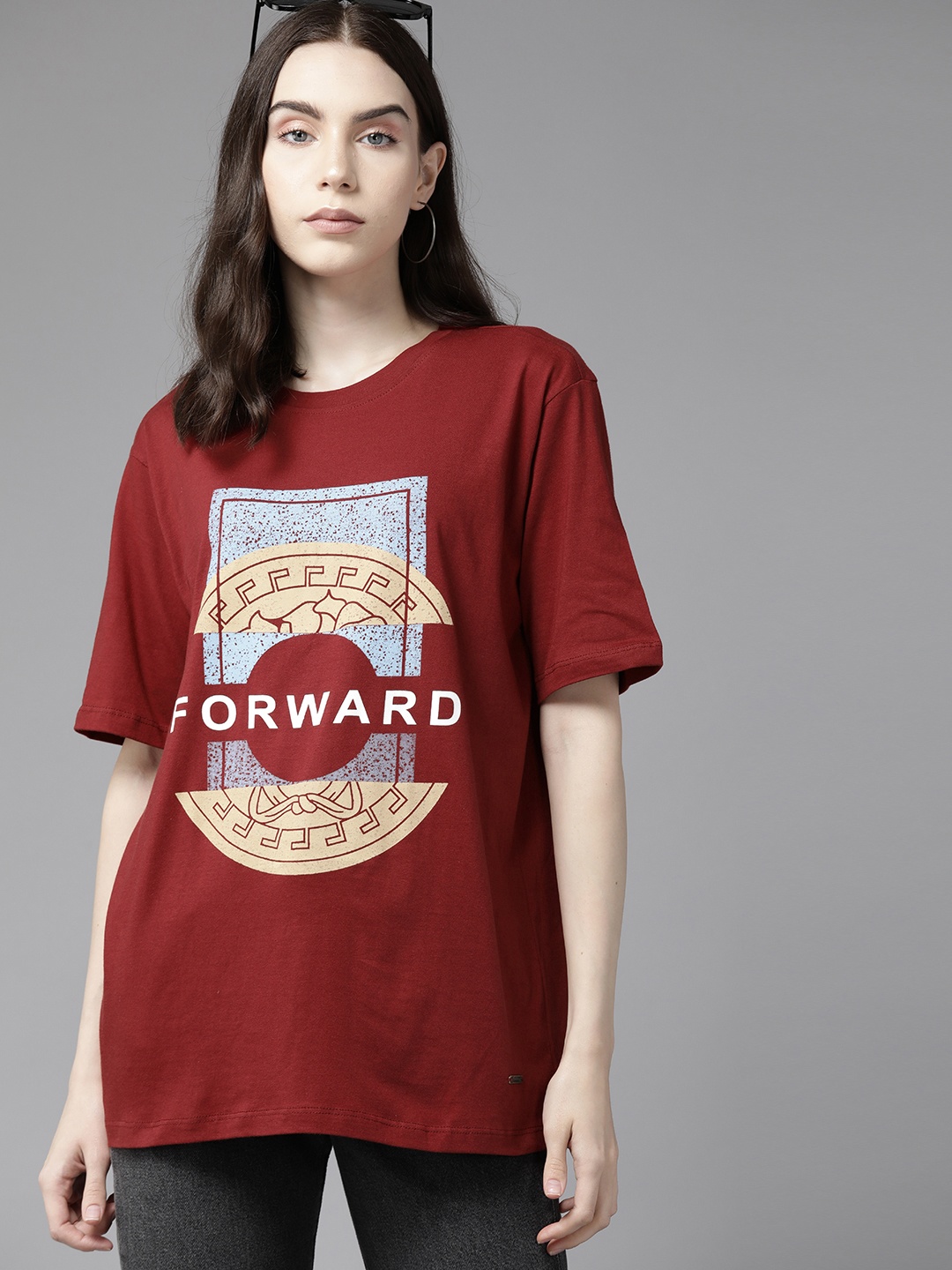 

Roadster Women Printed Cotton T-shirt, Maroon