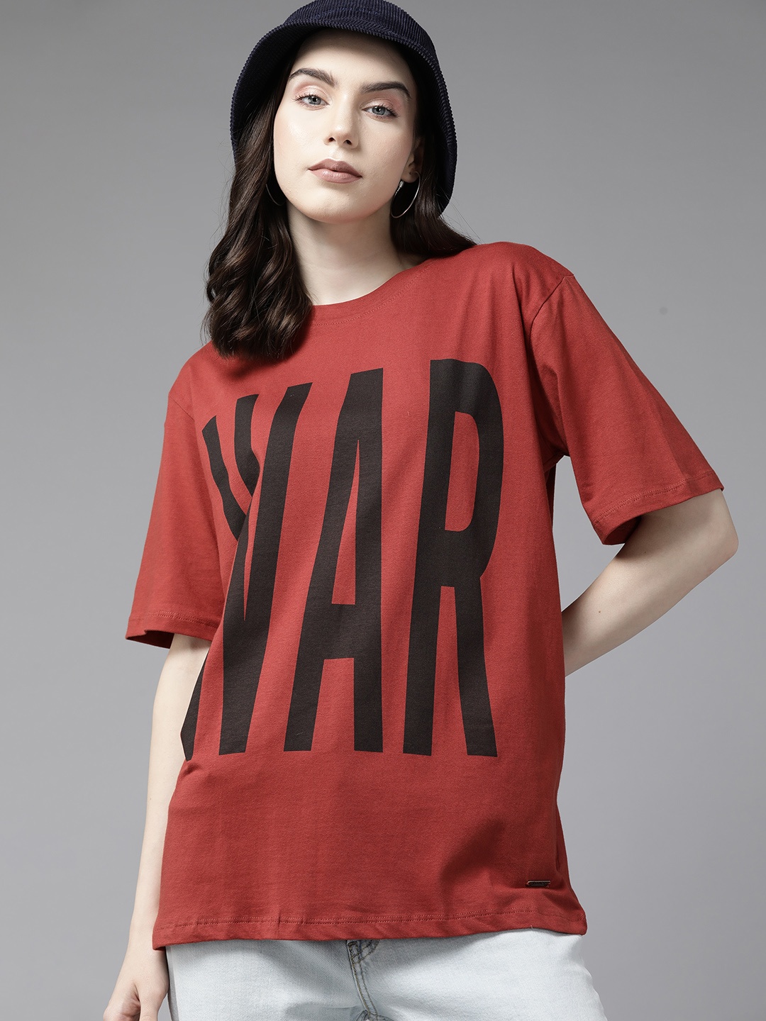 

Roadster Women Typography Printed Pure Cotton T-shirt, Rust