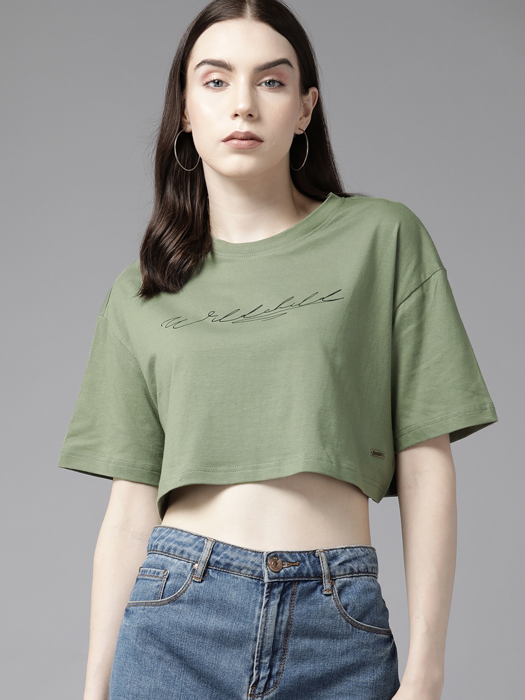 

Roadster Women Typography Printed Pure Cotton Boxy T-shirt, Olive