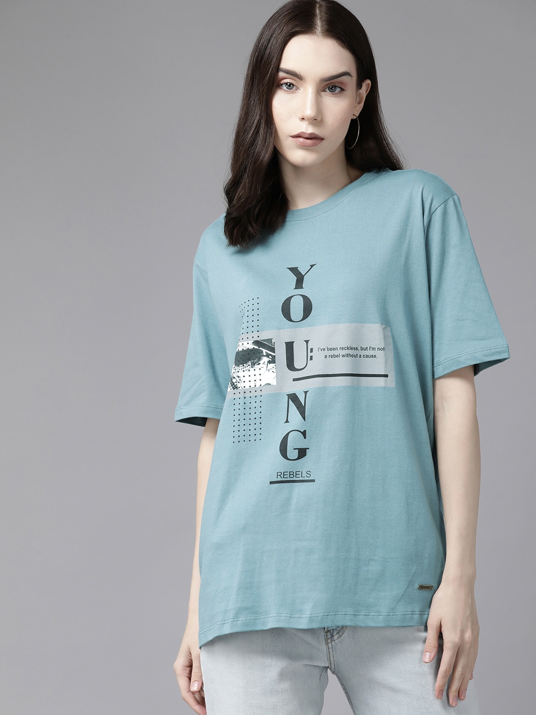

Roadster Women Typography Printed Pure Cotton T-shirt, Turquoise blue