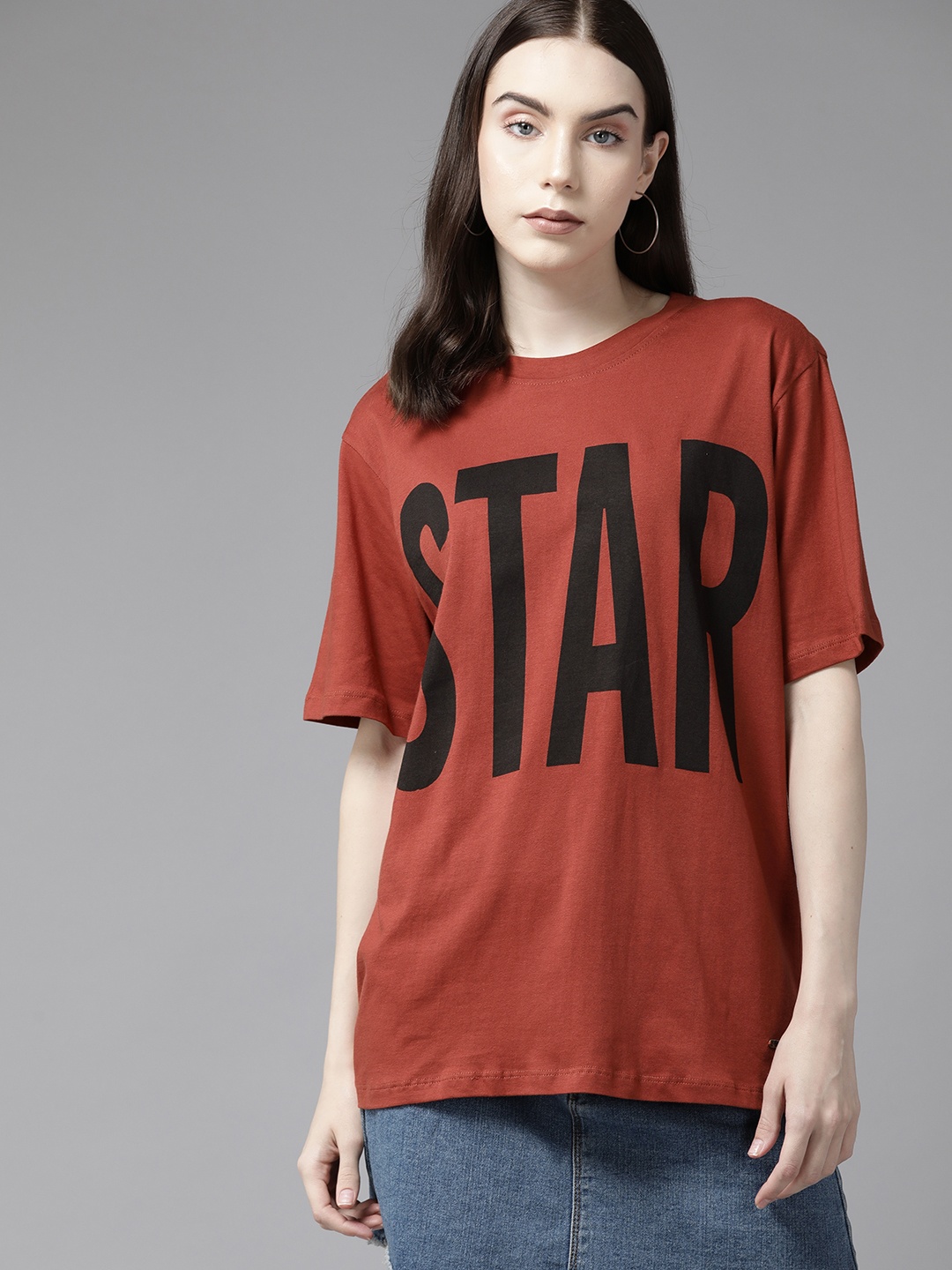 

Roadster Women Typography Printed Pure Cotton T-shirt, Rust