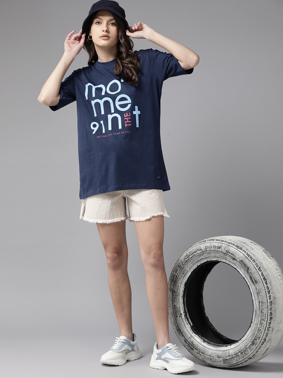 

Roadster Women Typography Printed Drop-Shoulder Sleeves T-shirt, Navy blue