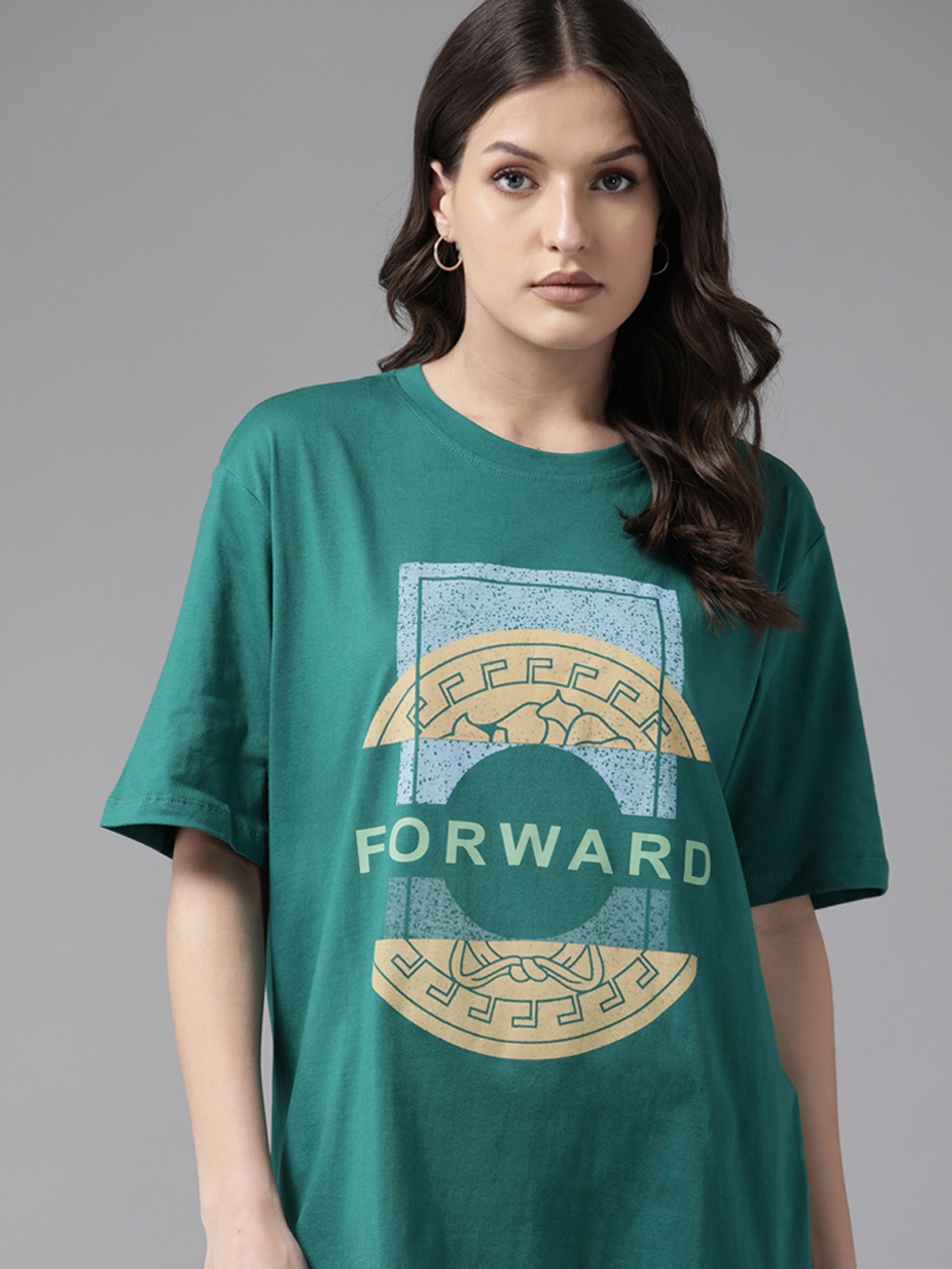 

Roadster Women Graphic Printed Drop-Shoulder Sleeves T-shirt, Green