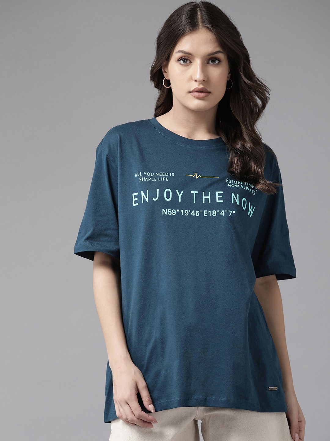 

Roadster Women Typography Printed Drop-Shoulder Sleeves T-shirt, Teal