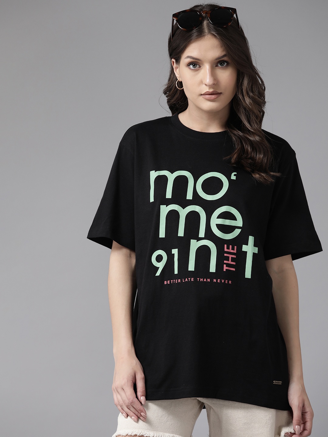 

Roadster Women Typography Printed Drop-Shoulder Sleeves T-shirt, Black