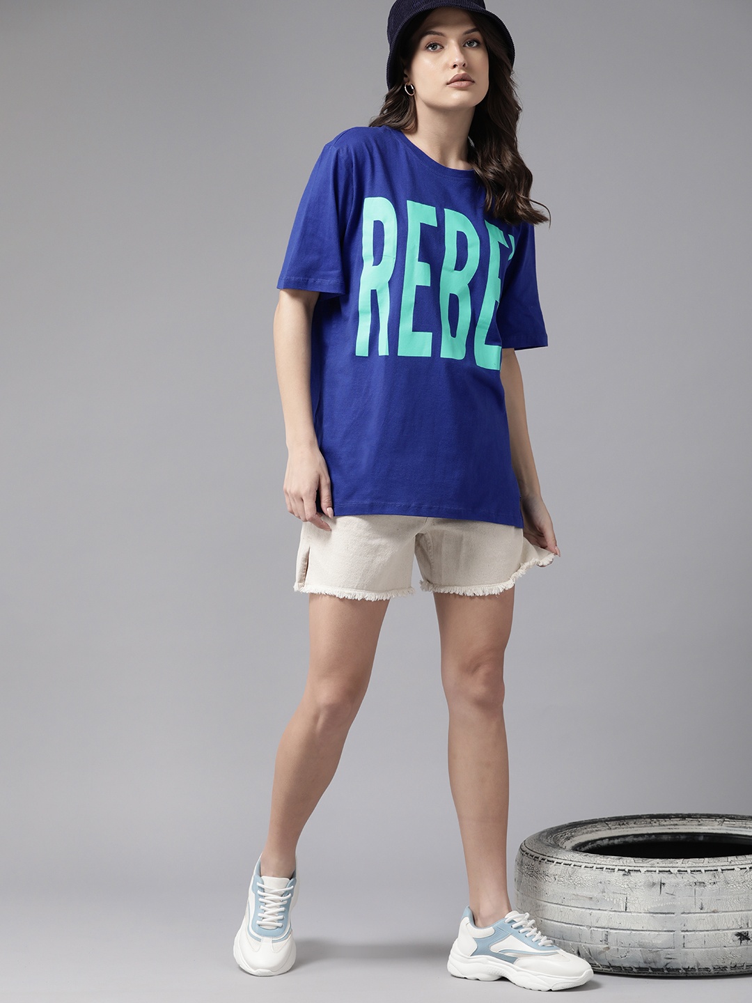 

Roadster Women Typography Printed Drop-Shoulder Sleeves T-shirt, Blue