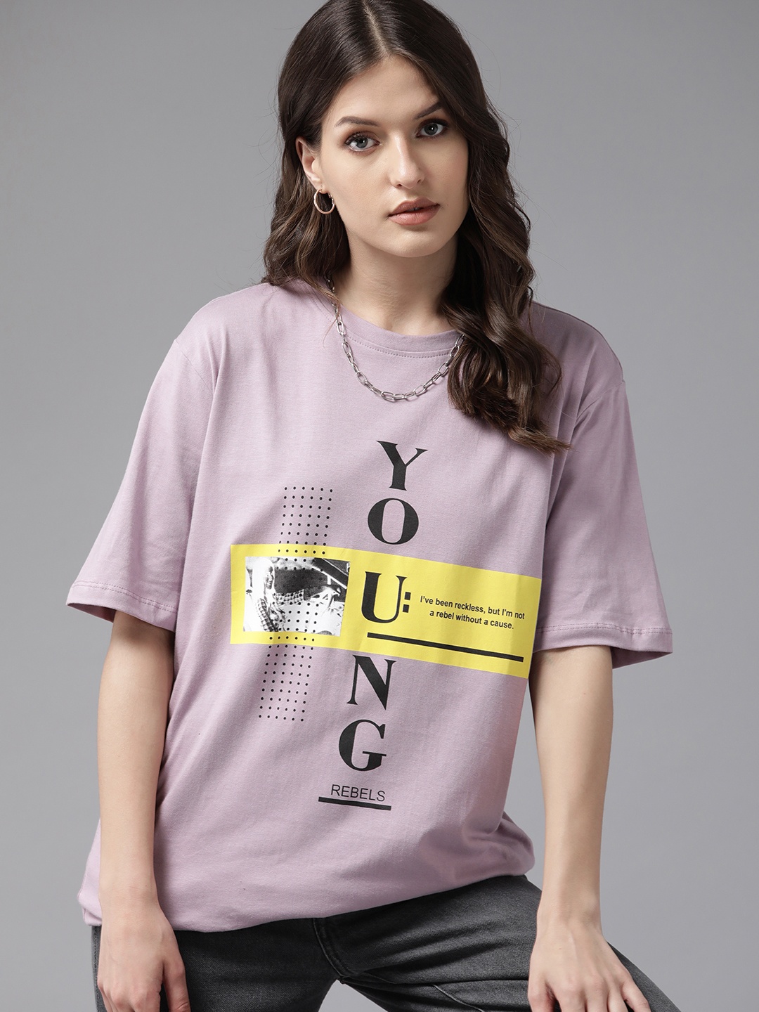 

Roadster Women Graphic Printed Drop-Shoulder Sleeves T-shirt, Lavender