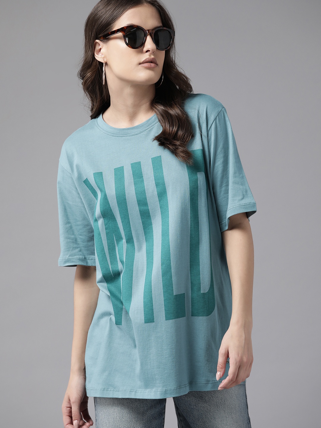 

Roadster Women Typography Printed Drop-Shoulder Sleeves T-shirt, Blue
