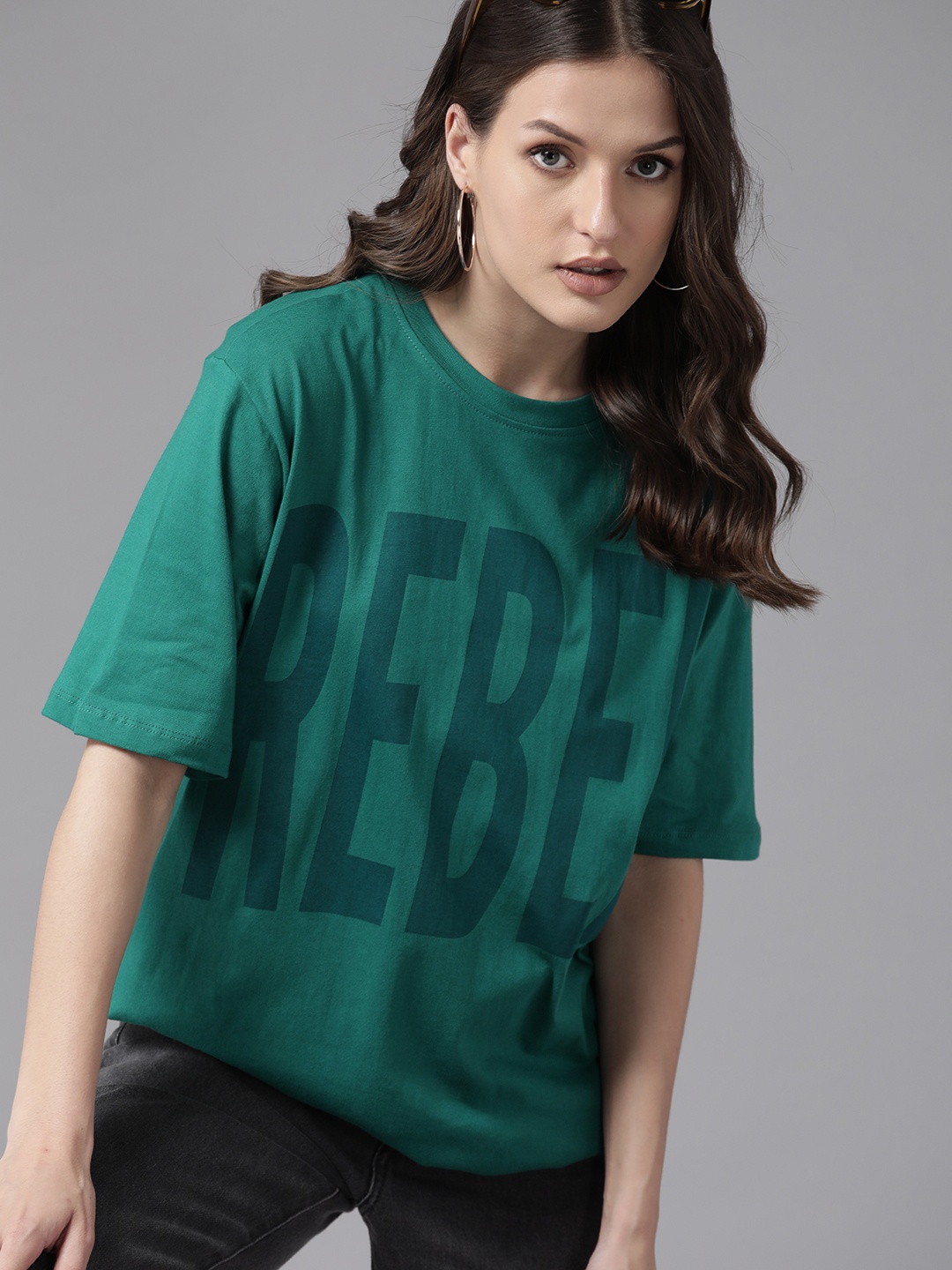 

Roadster Women Typography Printed Drop-Shoulder Sleeves T-shirt, Green