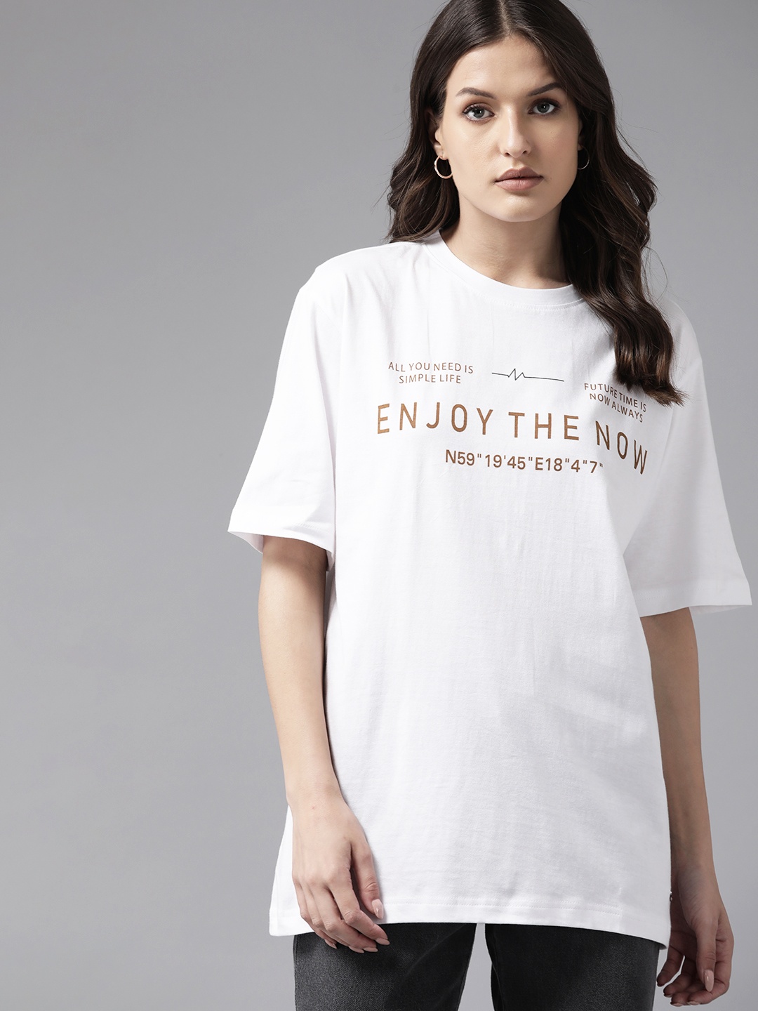 

Roadster Women Typography Printed Drop-Shoulder Sleeves T-shirt, White
