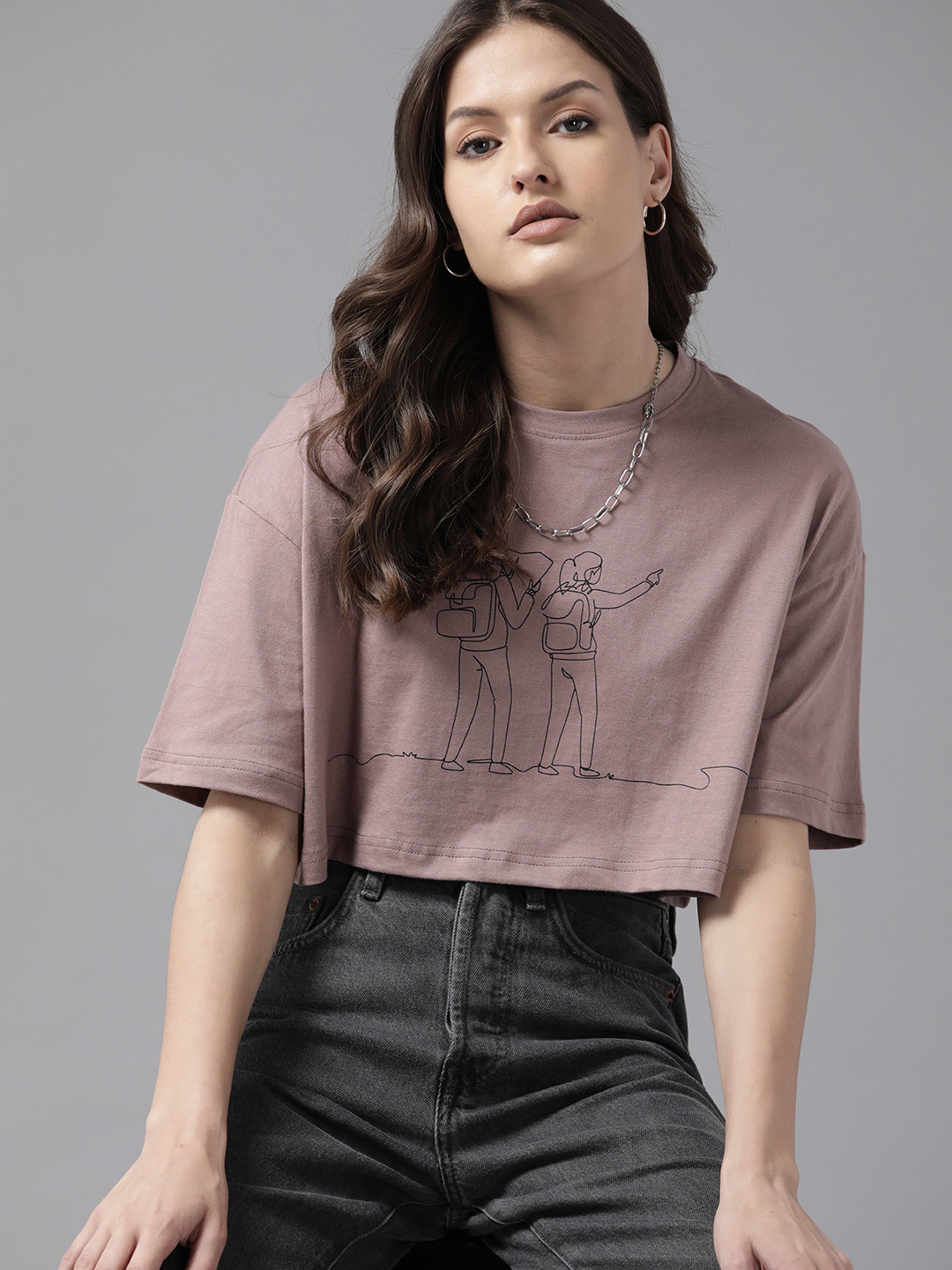 

Roadster Women Graphic Printed Drop-Shoulder Sleeves Boxy T-shirt, Mauve
