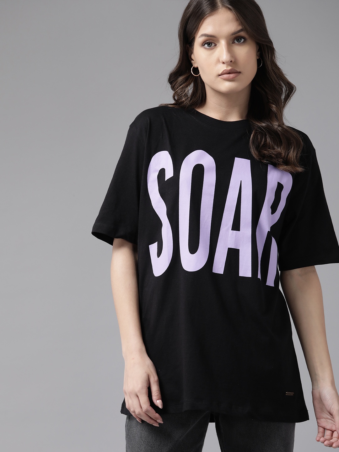 

Roadster Women Typography Printed Drop-Shoulder Sleeves T-shirt, Black