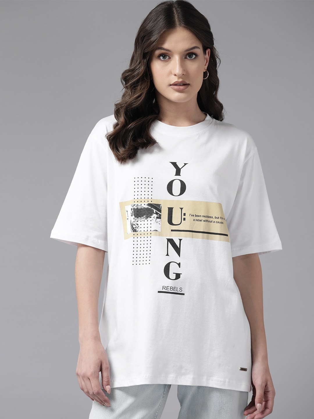 

Roadster Women Graphic Printed Drop-Shoulder Sleeves T-shirt, White