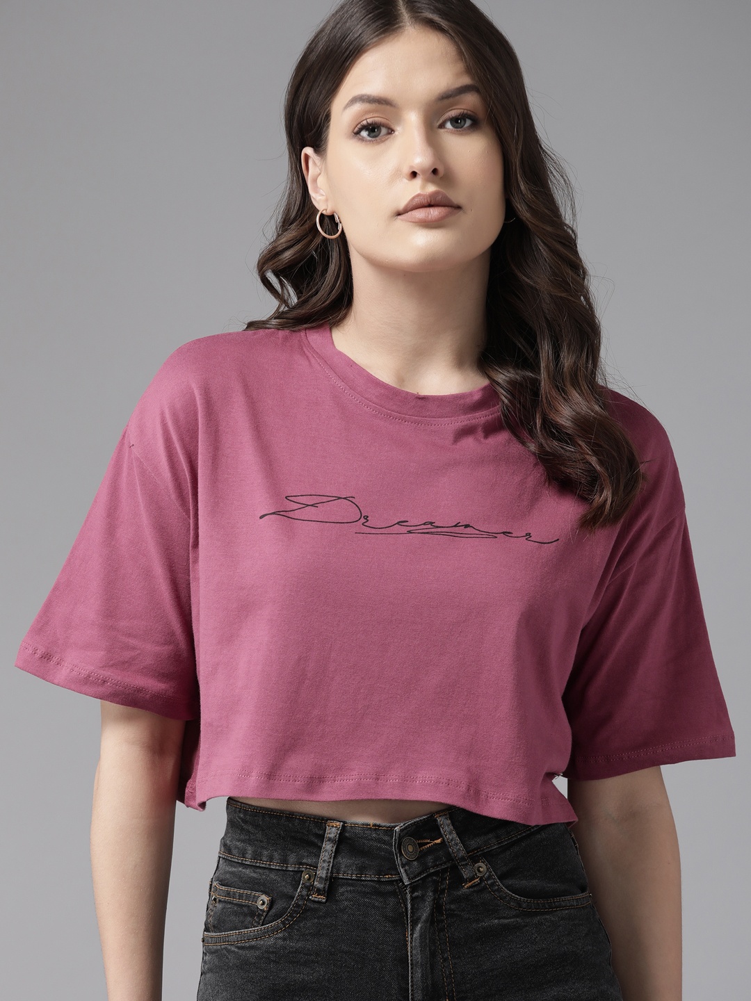 

Roadster Women Typography Printed Drop-Shoulder Sleeves Boxy T-shirt, Pink