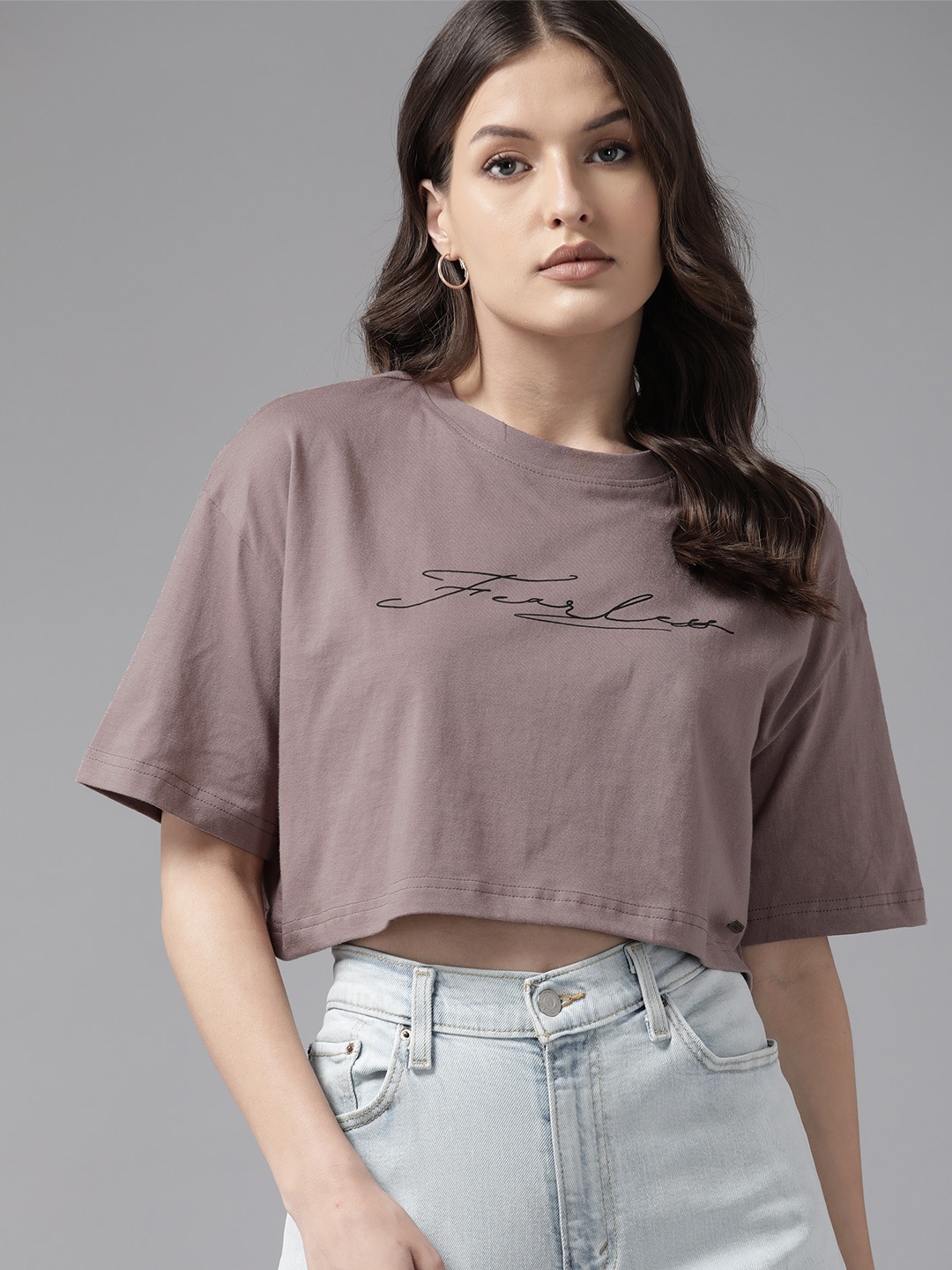 

Roadster Women Typography Printed Drop-Shoulder Sleeves Boxy T-shirt, Mauve