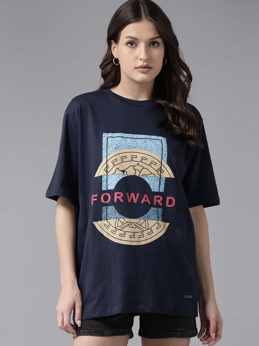 

Roadster Women Graphic Printed Drop-Shoulder Sleeves T-shirt, Navy blue
