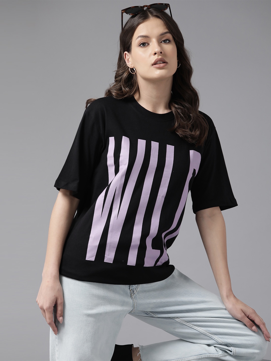 

Roadster Women Typography Printed Drop-Shoulder Sleeves T-shirt, Black