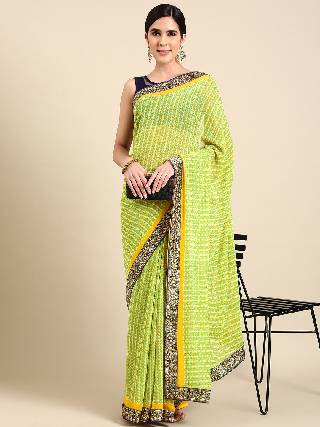 

HERE&NOW Printed Pure Georgette Saree, Green