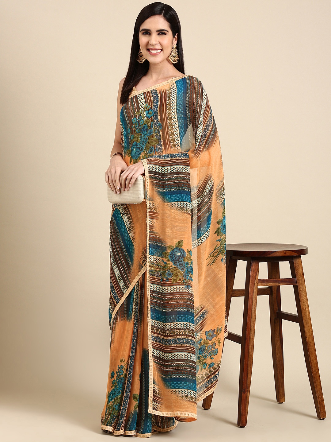 HERE&NOW Floral Printed Pure Georgette Saree, Yellow