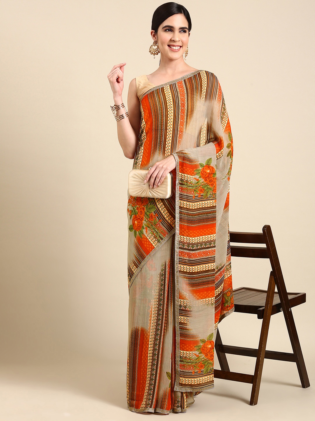 

HERE&NOW Floral Printed Pure Georgette Saree, Grey