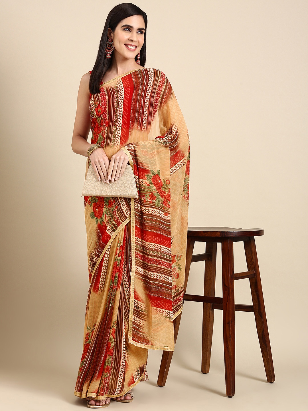 HERE&NOW Floral Printed Pure Georgette Saree, Beige