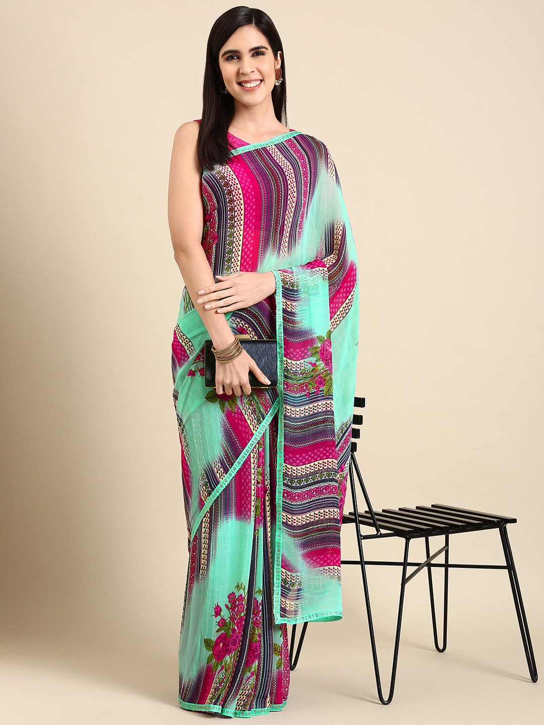 

HERE&NOW Floral Printed Pure Georgette Saree, Turquoise blue