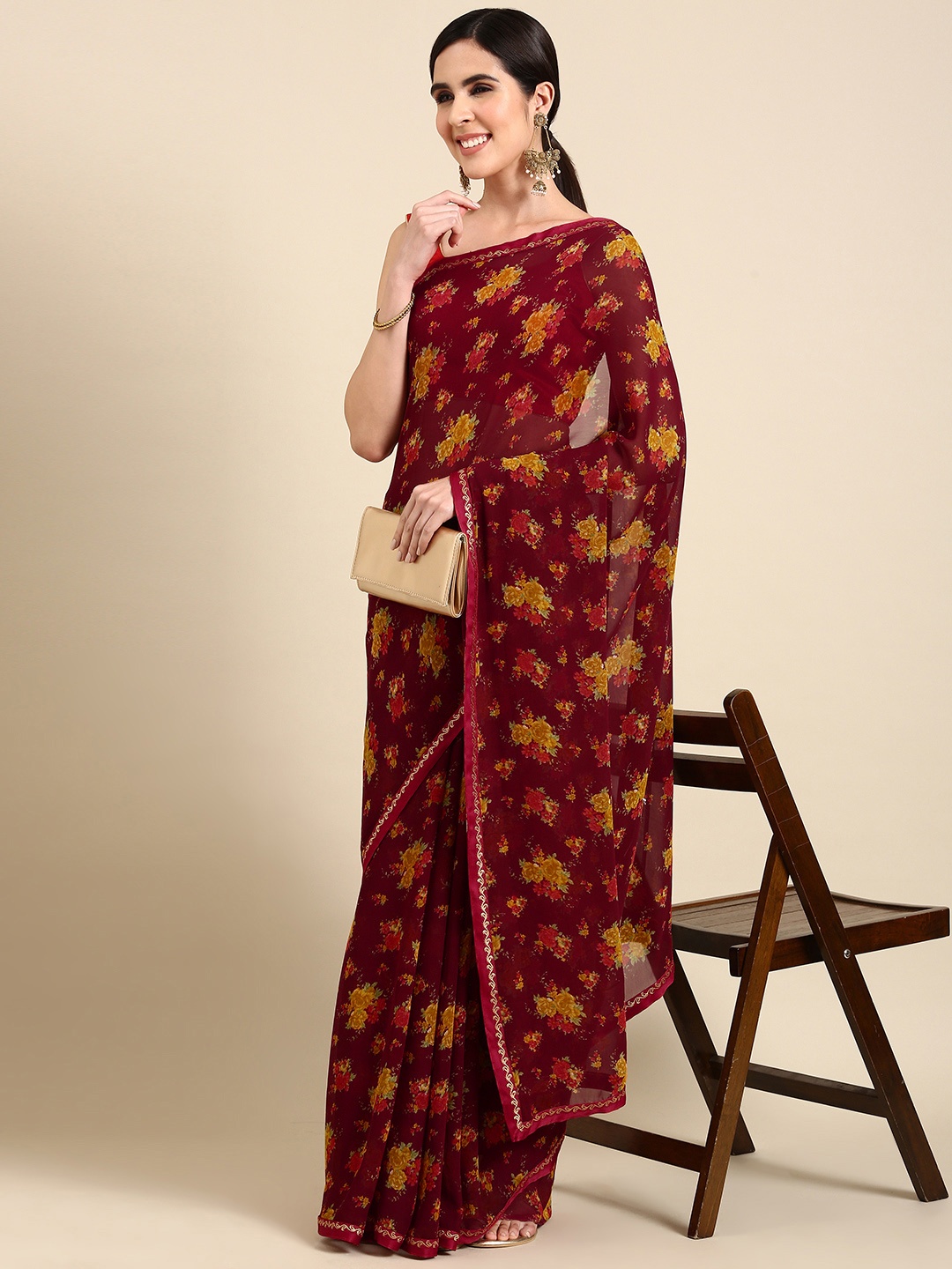 

HERE&NOW Floral Printed Pure Georgette Saree, Maroon