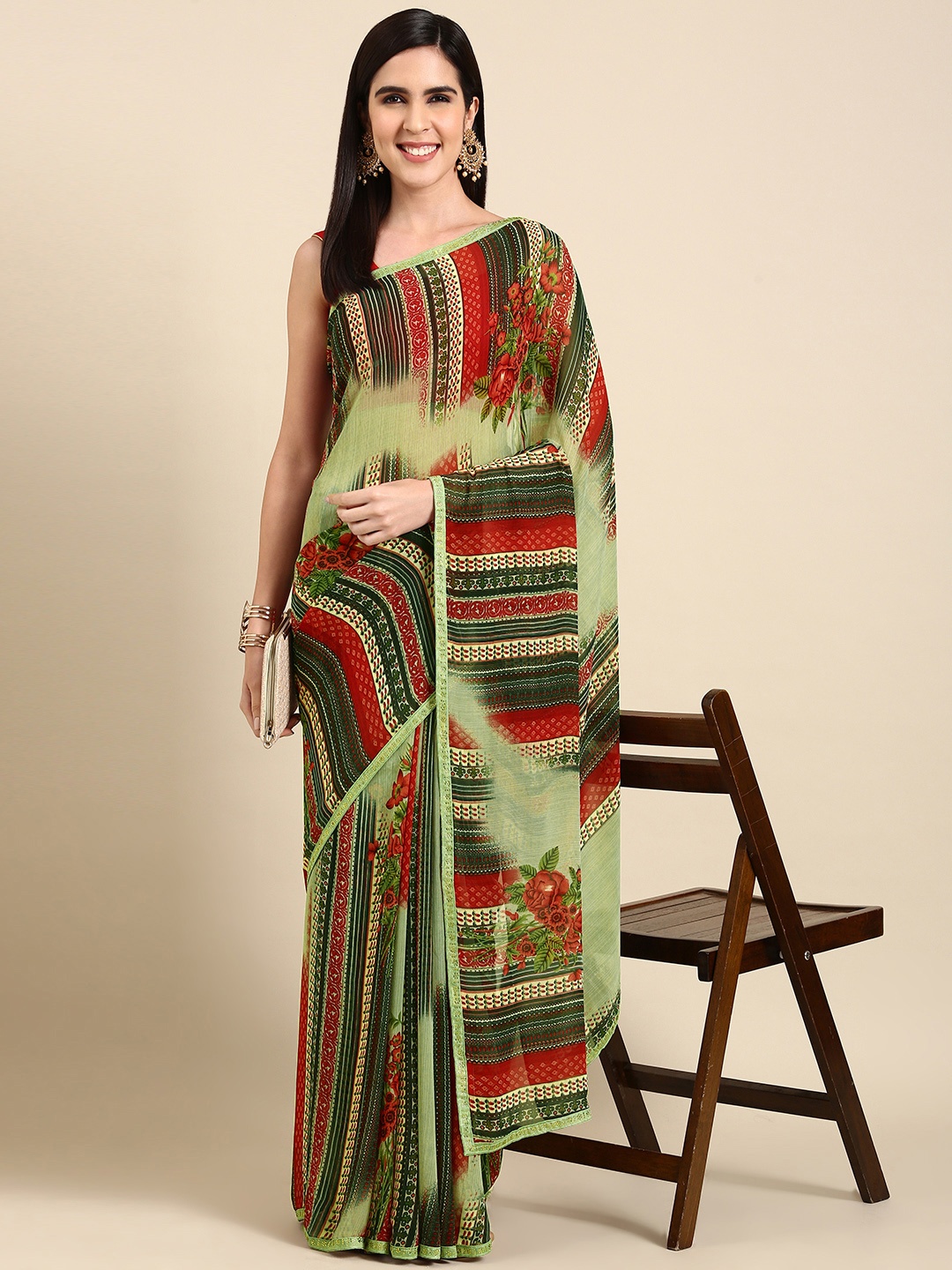 

HERE&NOW Floral Printed Pure Georgette Saree, Green