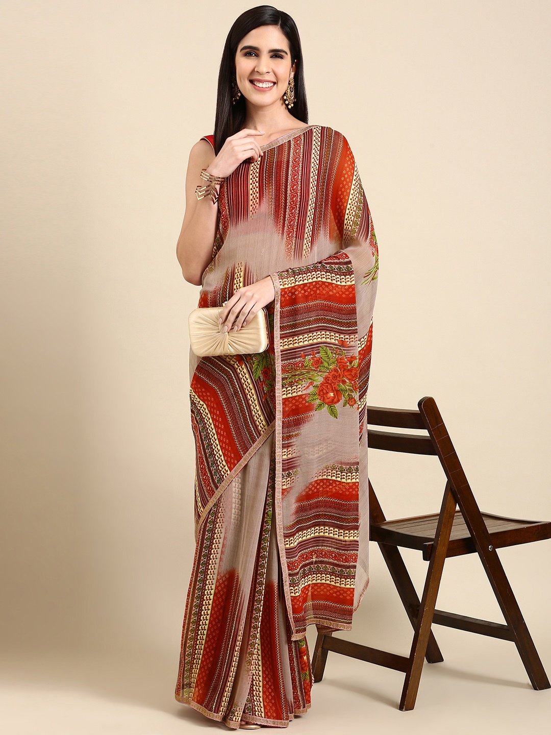 

HERE&NOW Floral Printed Pure Georgette Saree, Mauve