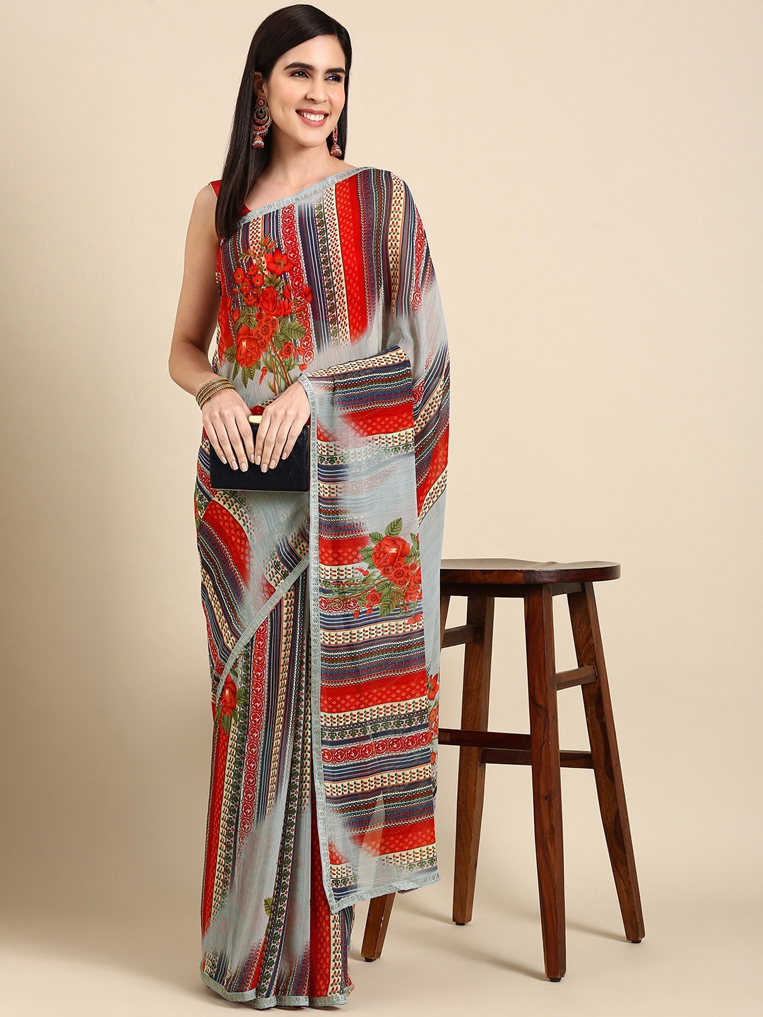 

HERE&NOW Floral Printed Pure Georgette Saree, Grey