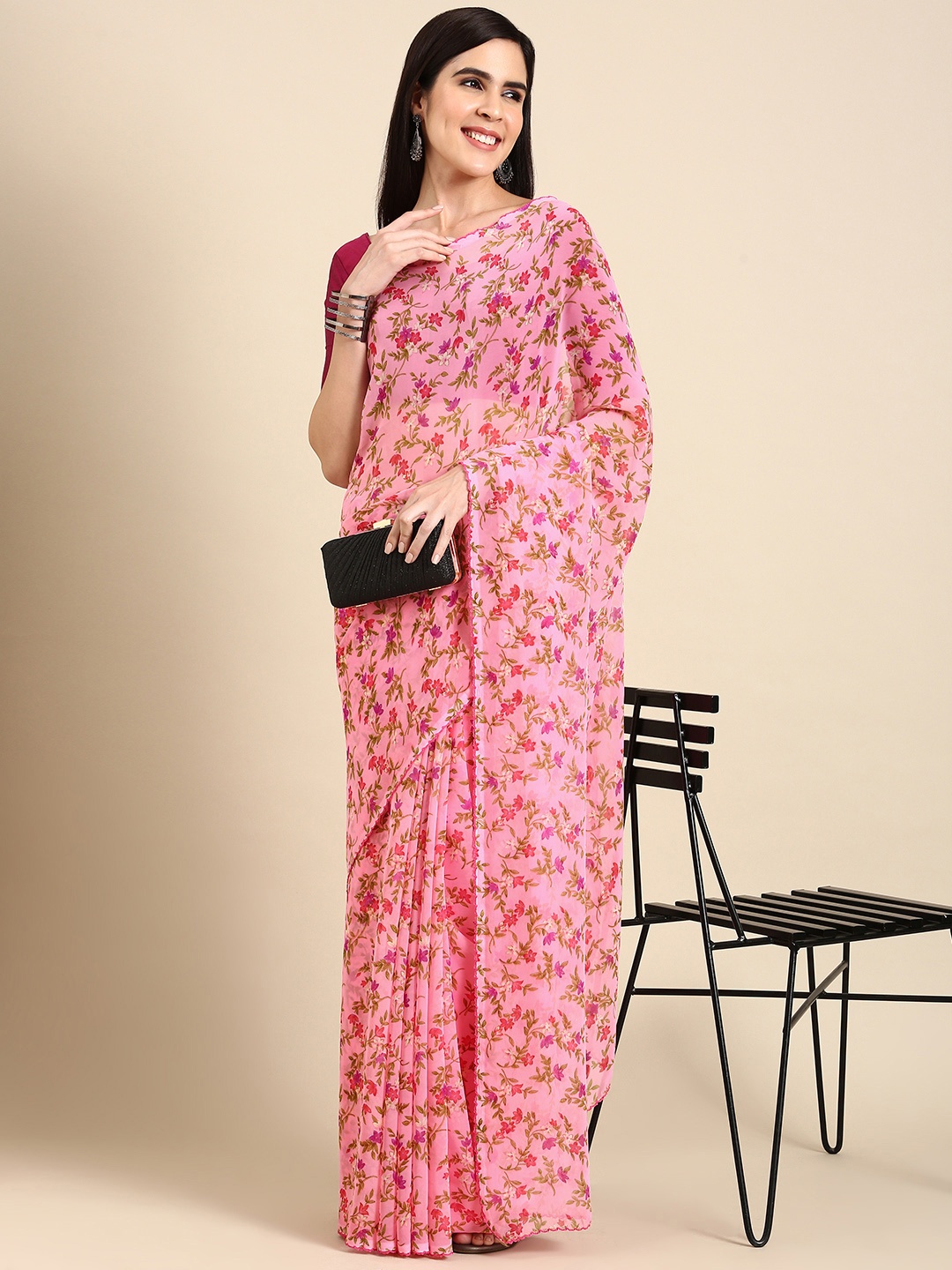 

HERE&NOW Floral Printed Pure Chiffon Saree, Pink