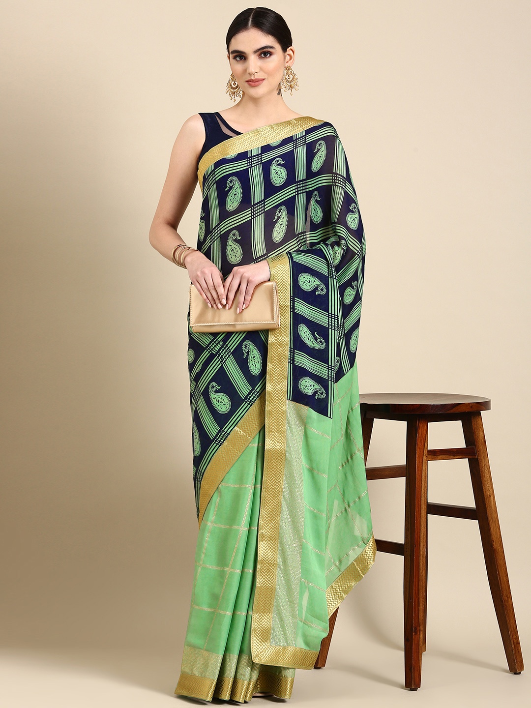 

HERE&NOW Paisley Printed Saree, Sea green