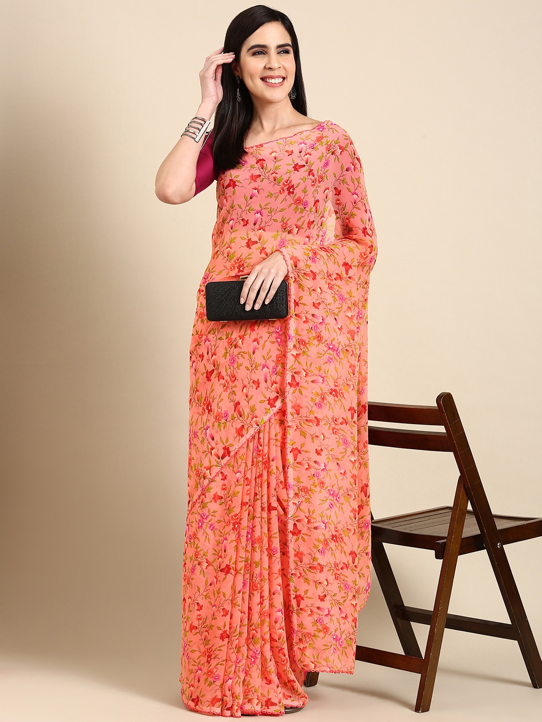 

HERE&NOW Floral Printed Pure Chiffon Saree, Pink