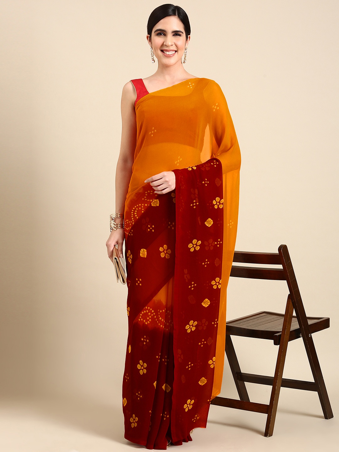 HERE&NOW Ethnic Motifs Printed Pure Georgette Saree, Maroon