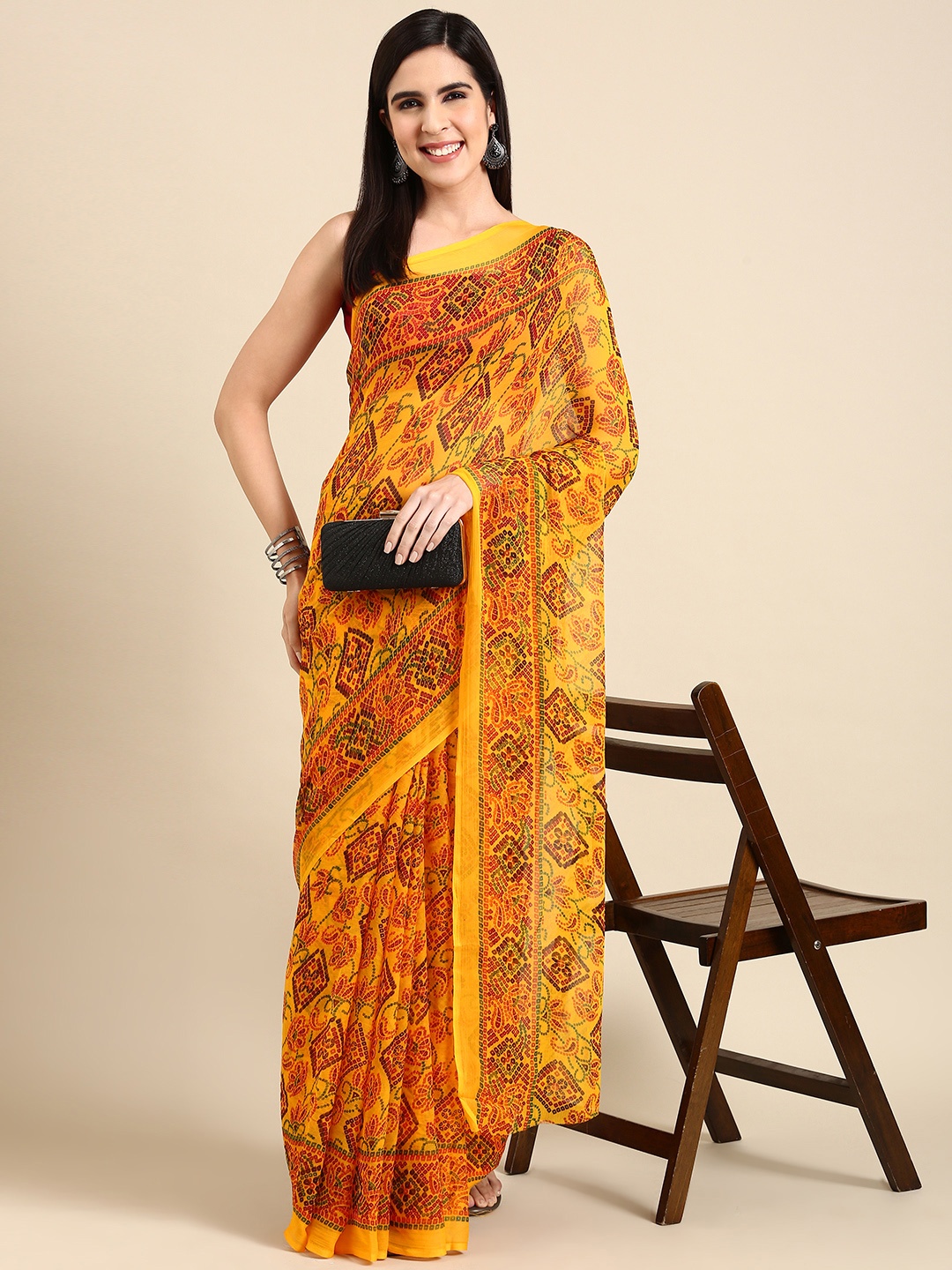 

HERE&NOW Ethnic Motifs Printed Pure Chiffon Saree, Yellow