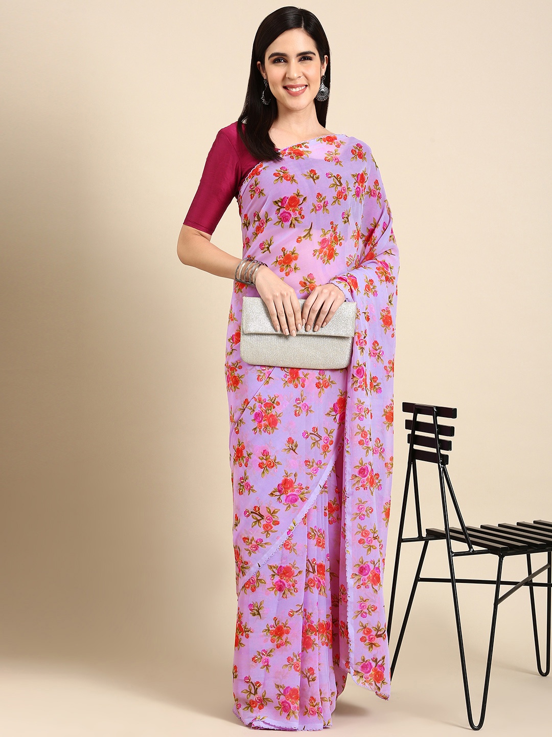 

HERE&NOW Floral Printed Pure Chiffon Saree, Pink
