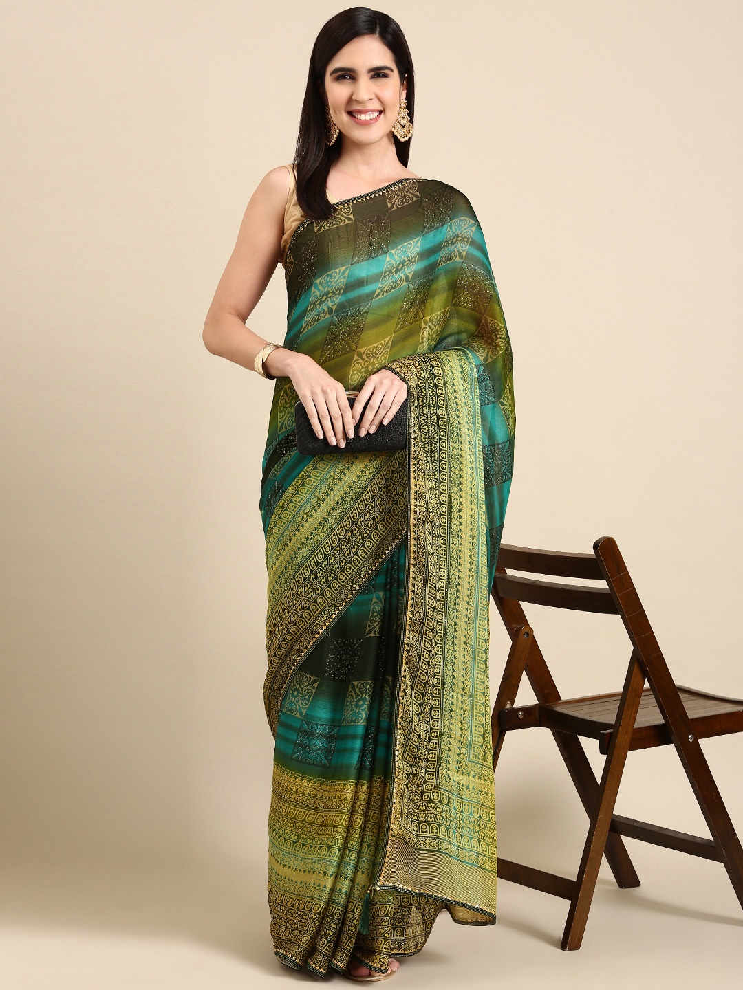 

HERE&NOW Ethnic Motifs Printed Pure Chiffon Saree, Green