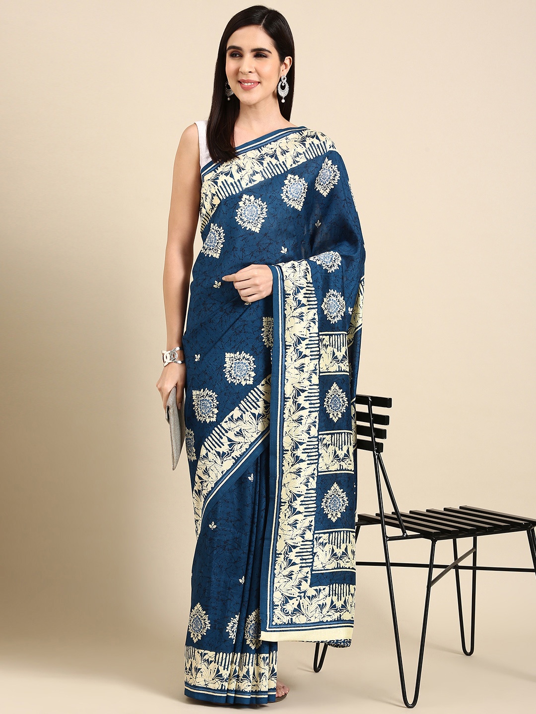 

HERE&NOW Ethnic Motifs Printed Silk Blend Saree, Blue