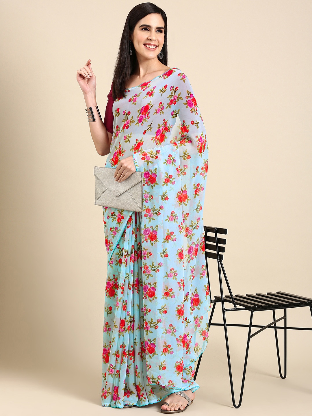 

HERE&NOW Floral Printed Pure Chiffon Saree, Blue