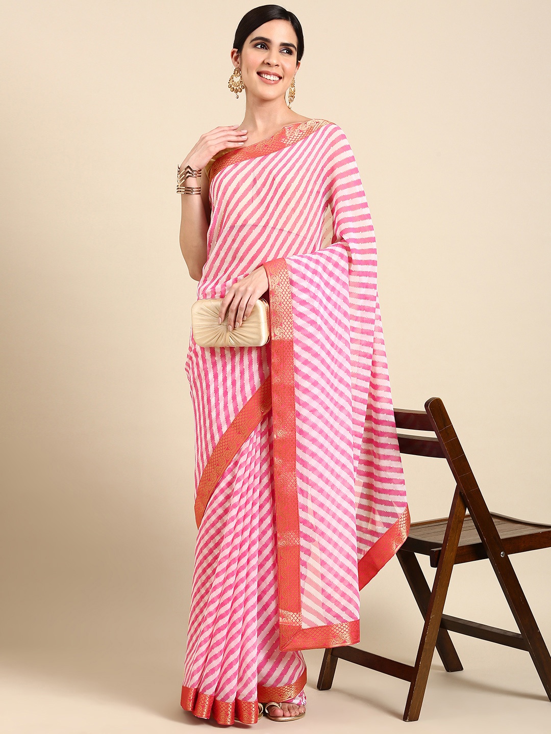 

HERE&NOW Striped Zari Pure Chiffon Saree, Pink