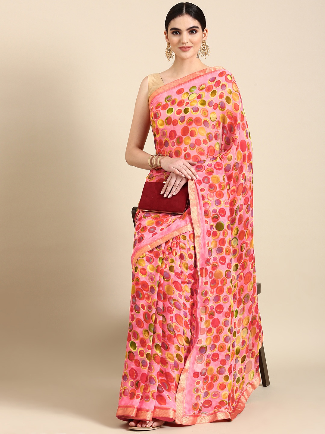 

HERE&NOW Abstract Printed Pure Georgette Saree, Pink