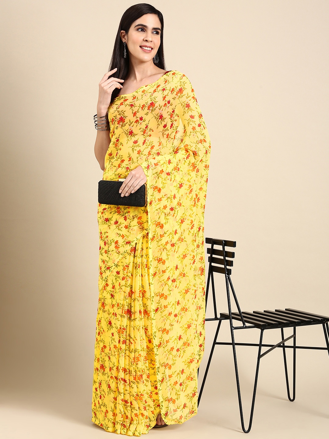 

HERE&NOW Floral Printed Pure Chiffon Saree, Yellow