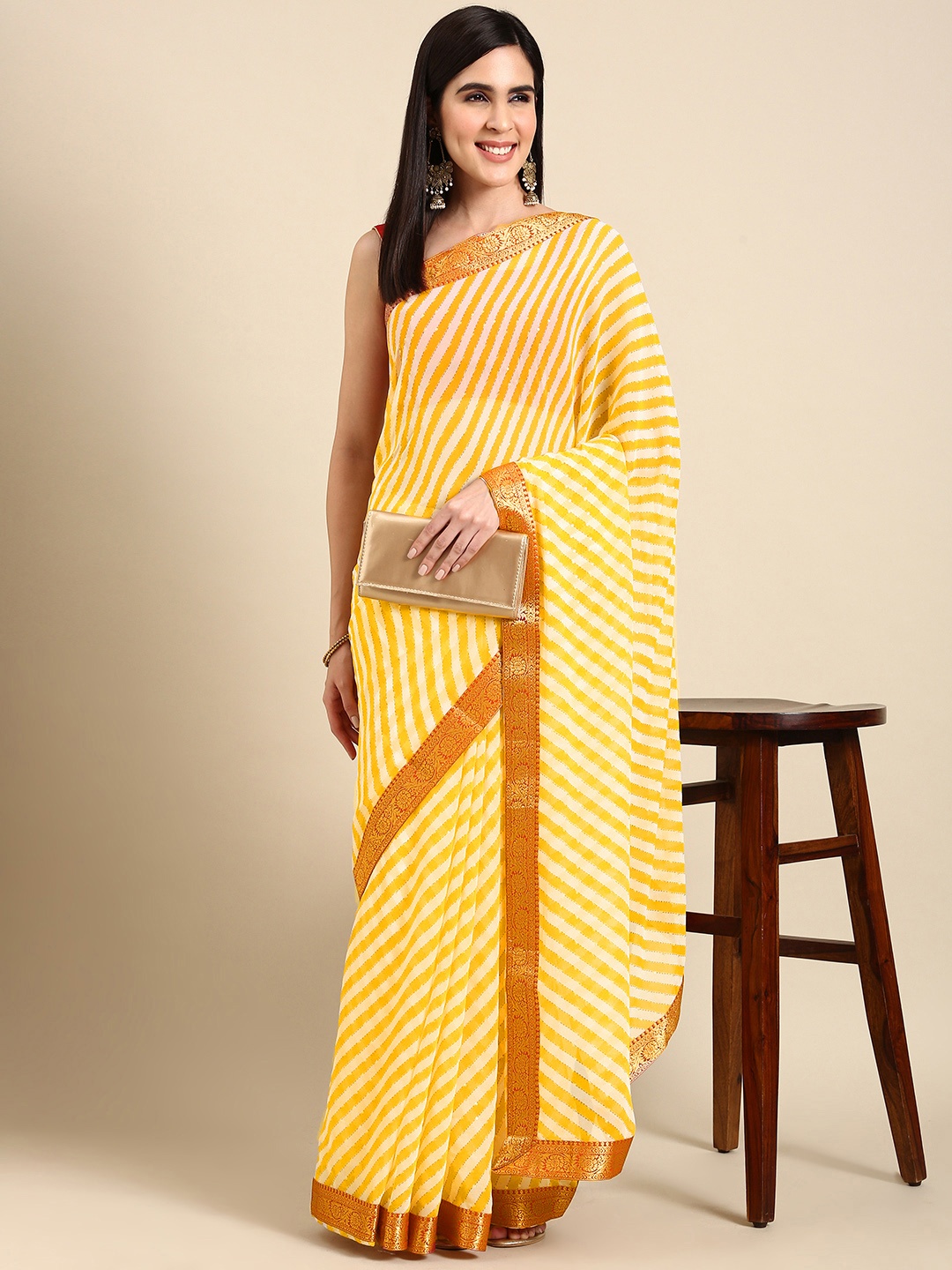 

HERE&NOW Striped Zari Pure Chiffon Saree, Yellow