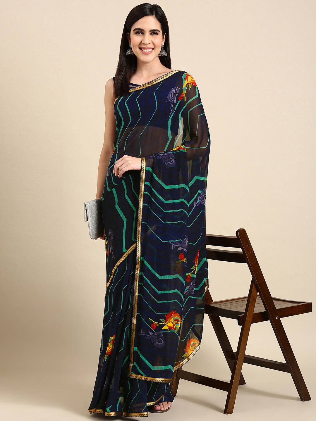 

HERE&NOW Floral Printed Zari Pure Georgette Saree, Navy blue