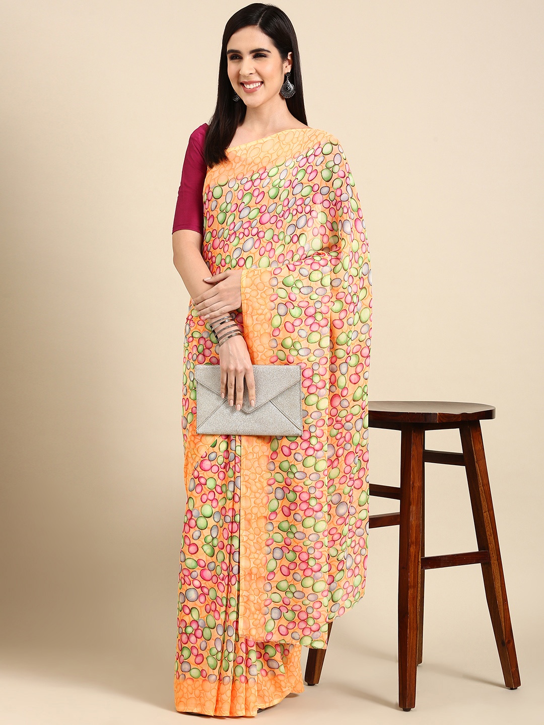 

HERE&NOW Printed Poly Georgette Saree, Orange
